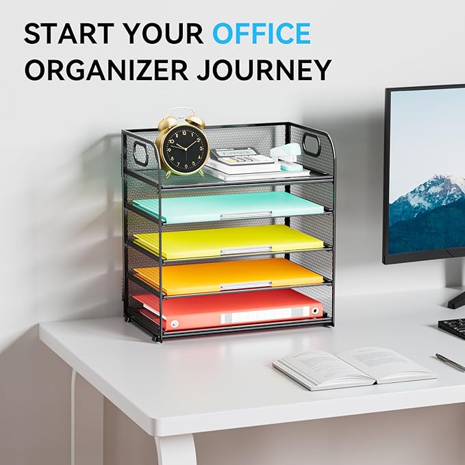 Paper Organizer Letter Tray with Handle, 5-Tier Black Stackable Desk Organizer with Metal Mesh, Sturdy Paper Tray for Office Desk, Home & Classroom Supplies Storage