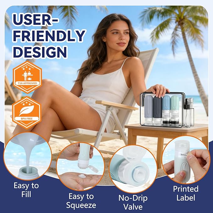 Travel Bottles for Toiletries 10 Pack, TSA Approved Travel Size Toiletries Essentials Containers Set, Leak Proof Silicone Bottles Kit, Refillable Liquid & Creams Accessories (GRAY)