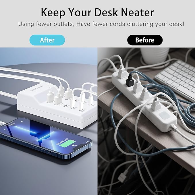 USB Fast Charger, 10-Port Portable Charging Station, Suitable for Various Devices, Compatible with iPhone, iPad, Samsung, Google, Xiaomi, Huawei and Other USB Charging Devices