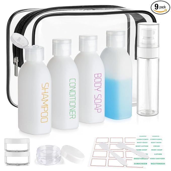 Cosywell Travel Bottles for Toiletries 9PCS Shampoo Bottles TSA Approved Toiletry Bottle Leakproof Plastic Cream Jars Refillable Cream Lotion Travel Essential Toiletrie(White)