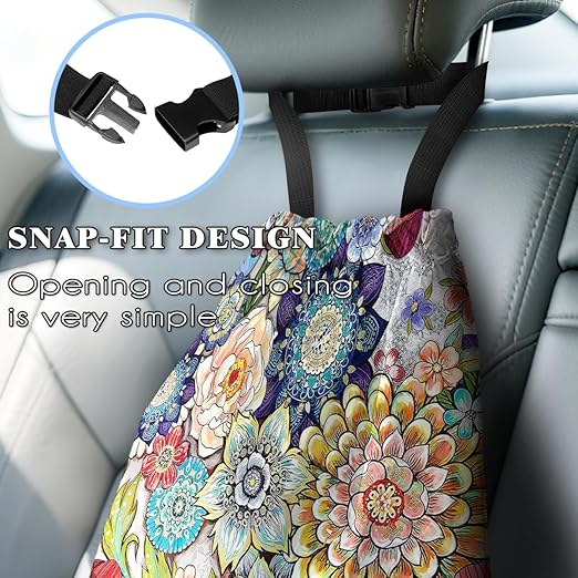 Car Trash Bag Hanging Back of Seat with Adjustable Snap Buckle Strap Cute Printed Drawstring Garbage Bags for Car-Boho Floral