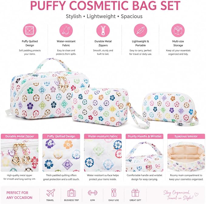 YTL Travel Makeup Bag, Puffer Cosmetic Bag for Women, Waterproof Puffy Padded Make Up Bags, Flat Open Portable Organizer Case Toiletry Bag Pouch Purse for Skincare, Brushes & Travel Essentials