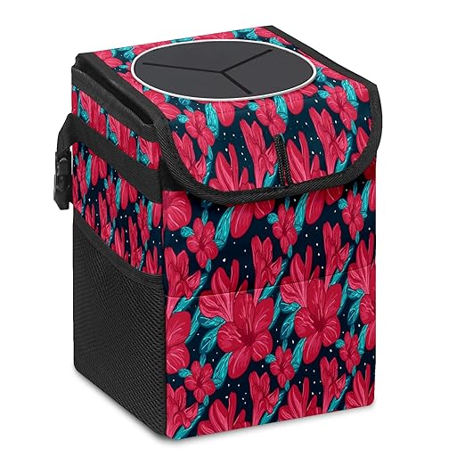 Car Trash Can With Lid - Red Flower Auto Garbage Bag, Leak-Proof Storage Bag, Hanging Headrest Bin, Collapsible and Portable With Storage Mesh Pocket