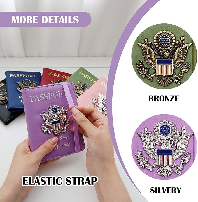 Cnycmy Passport Holder for Travel, Pu Leather Travel Wallet, RFID Blocking, Metal United States Coat of Arms, Waterproof cover for Family (Purple)