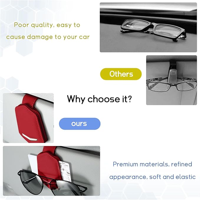 Dickno Sunglasses Holder for Car Sun Visor, Magnetic Leather Glasses Hanger Mounted with Ticket Card Clip, Universal Vehicle Interior Accessories for Different Size Eyeglasses (Red)