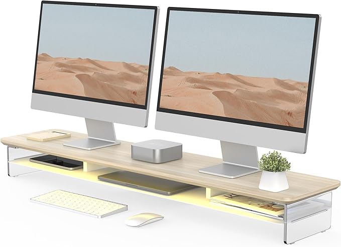 Fenge Acrylic Monitor Stand, 42.5 Inch Clear Dual Monitor Riser with Metal Storage, 2 Tier Computer Riser with LED Lights for Desk, Laptop, Printer, TV