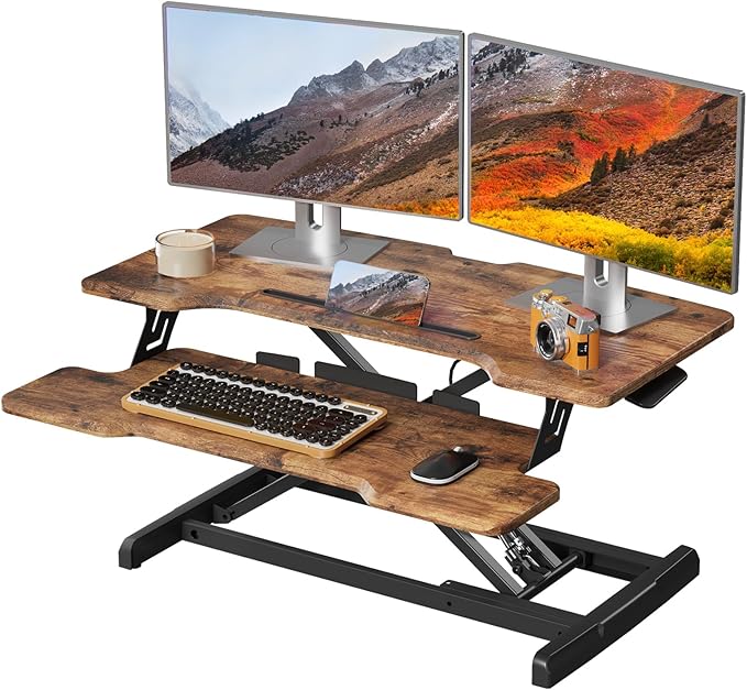 Standing Desk Converter 32 inch, Height Adjustable Sit Stand Desk Riser, Quick Sit to Stand Desktop Dual Monitor Riser Workstation for Home Office with Keyboard Tray, Rustic Brown