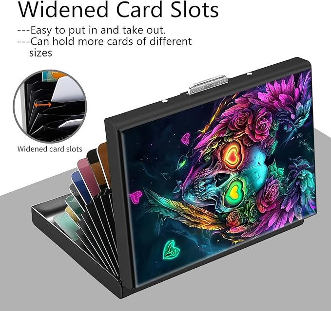 Credit Card Holder, Art Skull Design Mini RFID Blocking Aluminum Wallet Slim Metal Hard Case Shell Travel Wallet ID Case Small Credit Cards Case Business Cards for Women Men Girls
