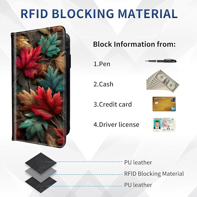 DEGDFSGR Checkbook Cover PU Leather Checkbook Covers for Women for Duplicate Checks, Check Book Covers with RFID Blocking Function for Personal Checkbook, Fallen Leaves