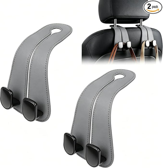 CHOSMOYI Leather Car Purse Hook for Headrest, 2 Pack Seat Back Organizer for Handbags, Groceries & Essentials, Heavy Duty Car Accessories (Grey)