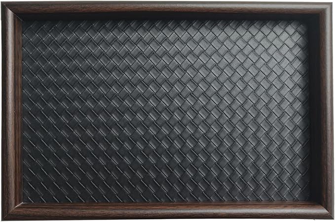 Tinsow Wooden Desk Organizer Tray with PU Leather Base, 11.8x7.9 Catch All Valet Tray Key Tray for Nightstand Bedroom Dresser Office Desktop Storage, Black