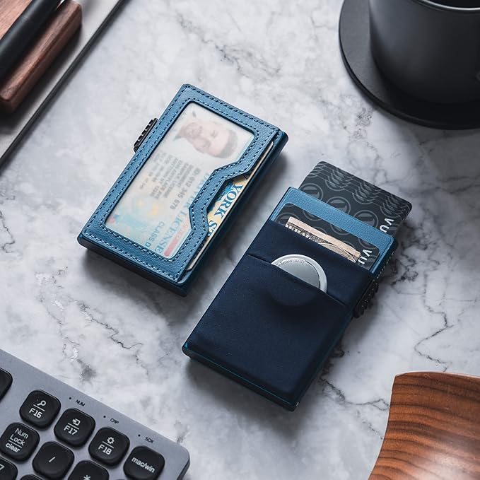 VULKIT Minimalist Wallet with ID Window & EDC Pocket Pop Up Card Holder RFID Blocking Slim Wallet Design for Airtag Cash Coins & Credit Cards