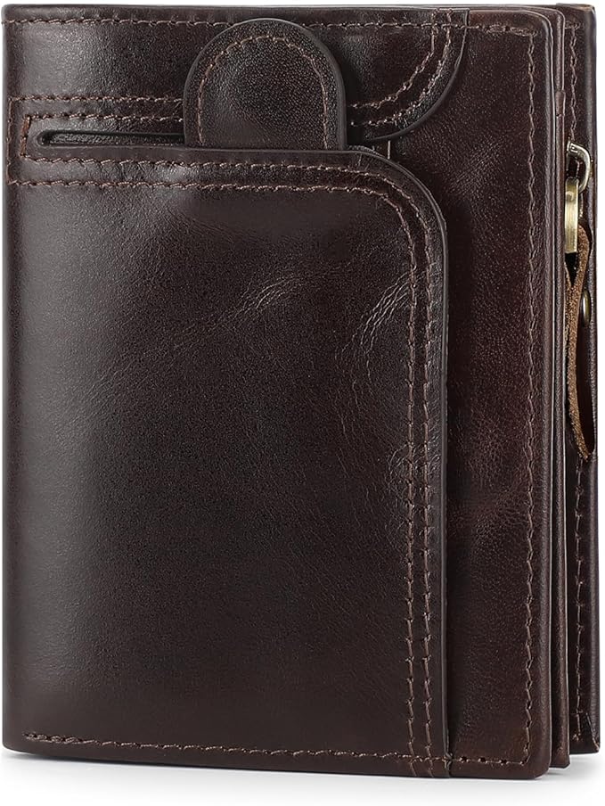 BAIGIO Genuine Leather Wallets for Men, Large Capacity Mens Bifold Wallet Leather RFID Blocking with Huge Zip Coin Pocket, 14 Credit Card Slots, Men's Cash Wallet in Gift Box, Brown