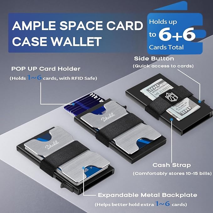 Zitahli Card Holder Wallets for Men - Slim Wallet Holds 6+6 Cards, Metal Card Holder, Minimalist RFID Blocking Wallets with Pop-Up Function, Ultra-Thin, Men's Accessories, Gifts for Him