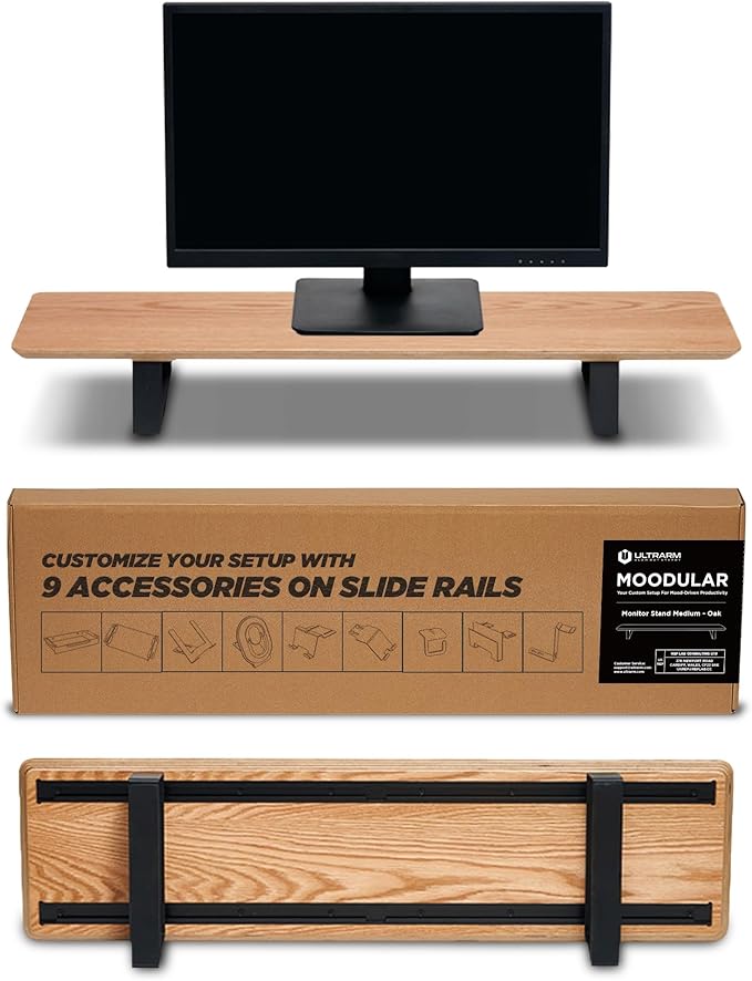 ULTRARM Moodular Wooden Monitor Stand 33.4??(85cm) Desk Organizer with Metal Slide Rails for Drawer, Tray, Laptop, Tablet, Phone & Headphones Customizable Riser for Organized Workspace Oak MS85-O