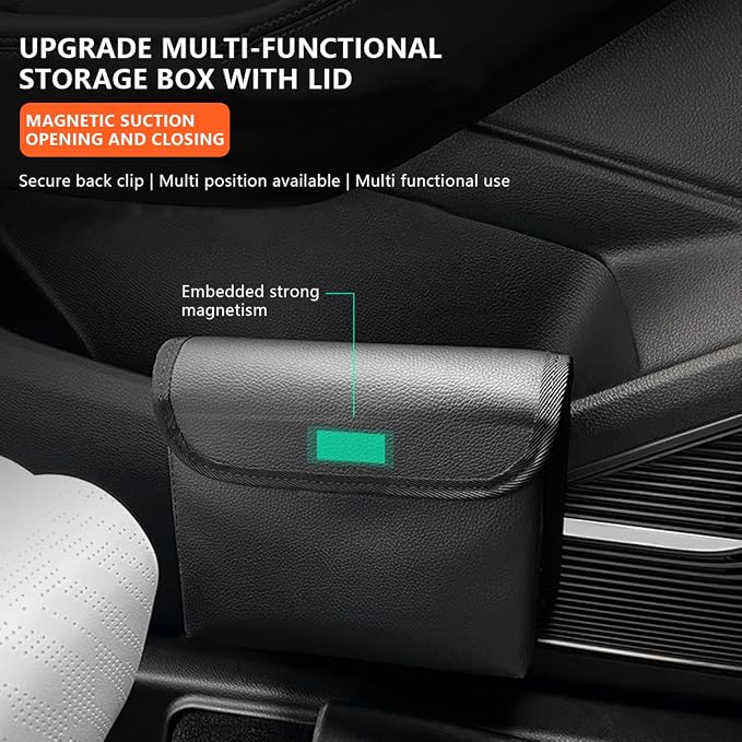 Car Trash Can, Magnetic Leather Vehicle Hanging Dustbin Container with Lid, Foldable Waterproof Leakproof Automotive Suspended Garbage Storage Box, Universal for SUV, Truck, RV