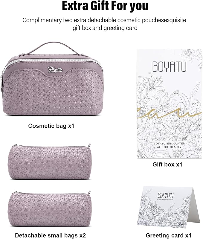 BOYATU Travel Makeup Bag Cosmetic Bags for Women: Large Capacity 3 Pcs Set Make up Bag with Compartments - Waterproof Vegan Leather Toiletry Organizer Bags with Handle (L55Light Purple)