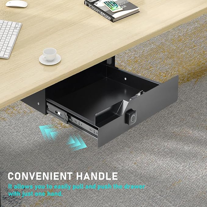 Under Desk Drawer with Biometric Fingerprint Lock, Metal Undermount Table Drawer, Slides out Tray Organizer for Paper, Pencil, and Laptop 16"x11.8"x3.6", Black