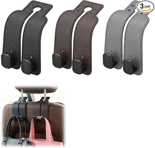 3Pcs Headrest Hooks for Car, Car Purse Hook, Double Leather Car Seat Back Storage Hook for Handbags Purses Bags (3 Color)