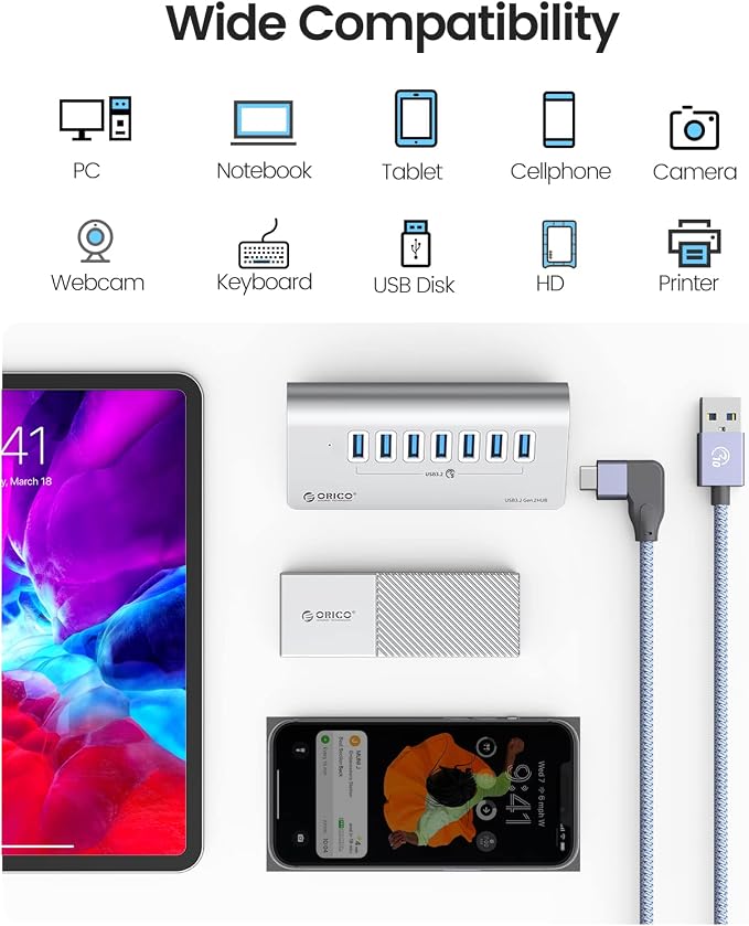 ORICO 7-Port USB 3.2 Gen2 Hub, Desktop USB 3.2 Hub with 7 USB-A Ports, 5V 3A Power Supply Port, 10Gbps Aluminium USB-Splitter with 3.28Ft USB-C to USB-C Cable for iMac, MacBooks, Mac mini