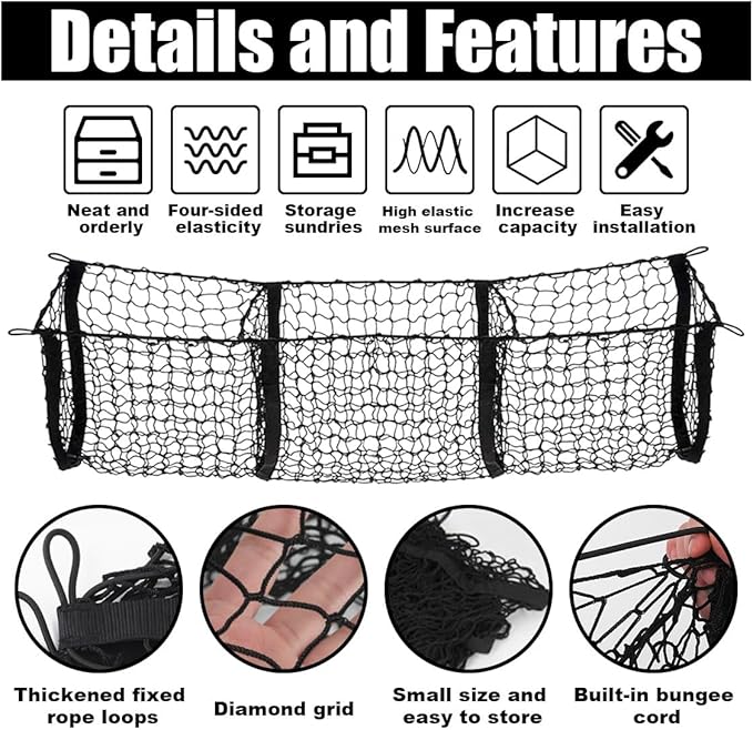 Detachable Cargo Net for Car, Expandable 3 Pocket Heavy Duty Cargo Net Organizer with 4 Metal Carabiners, Compatible with SUVs, Cars, Pickup Trucks, Van Trunk Beds