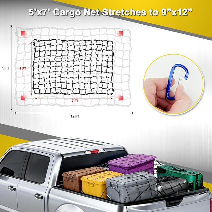 5’x7’ Truck Cargo Net Expands to 9' x 12' with 4"x4" Mesh Grid Super Duty Bungee Heavy Duty Bed Netting for Truck Bed Stretches with 12 Adjustable Metal Carabiners by Cenipar