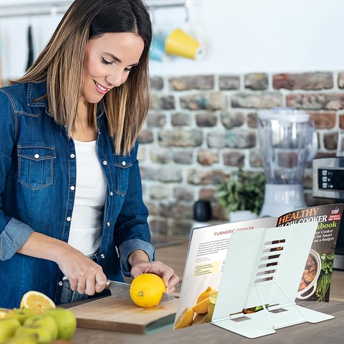 Honagu Book Stand Metal Desk Book Holder, Book Holders for Reading Hands Free, Adjustable Cookbook Documents Holder, Portable Bookstand for Music Books, Textbook, Recipe, Tablet, Ipad (Macaron Green)