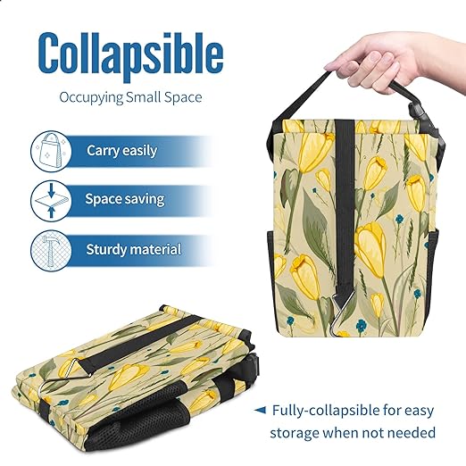 Yellow Tulip Flower Green Leaves Retro Auto Garbage Can with Lid - Leak-Proof Car Storage Bag - Hanging for Headrest - Portable Car Backseat Organizer