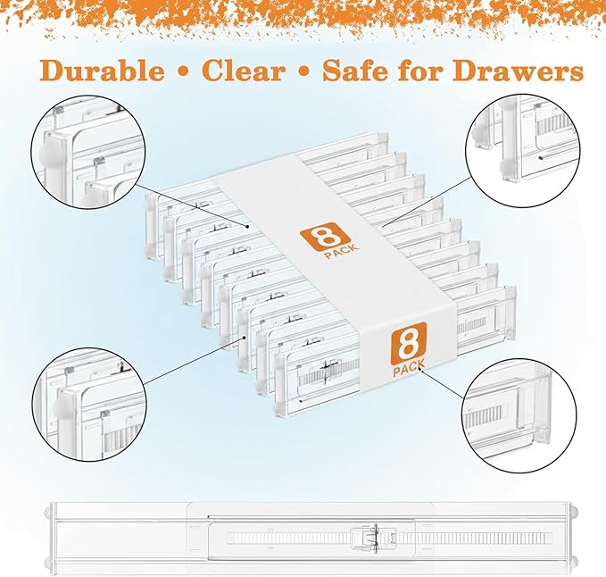 Acrylic Drawer Dividers ??Adjustable 11??0.8 Inch Expandable Deep Dresser Drawer Dividers ??Clear Plastic Drawer Separators for Baby Clothes, Underwear, Kitchen & Office Storage.
