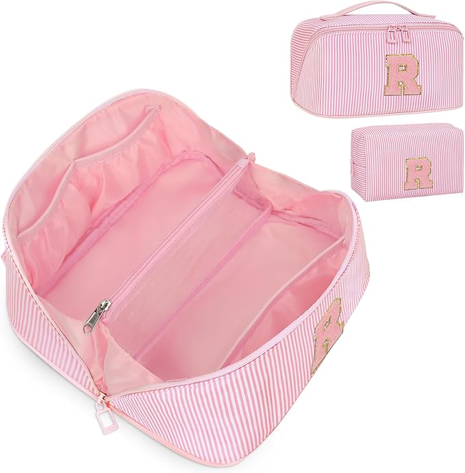 Initial Makeup Bag, Portable Water-resistant Monogram Cosmetic Bag Set, Travel Toiletry Bag with Brush Holder, Personalized Gifts for Friend Teacher Mom Wife, Pink R