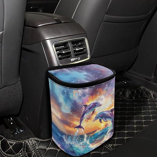 Biyejit Sunset Dolphins Car Trash Can Bin for Back Seat Leak Proof, Cute Trash Bag Hanging for SUV Truck Van, Automotive Vehicle Garbage Cans Front Seat