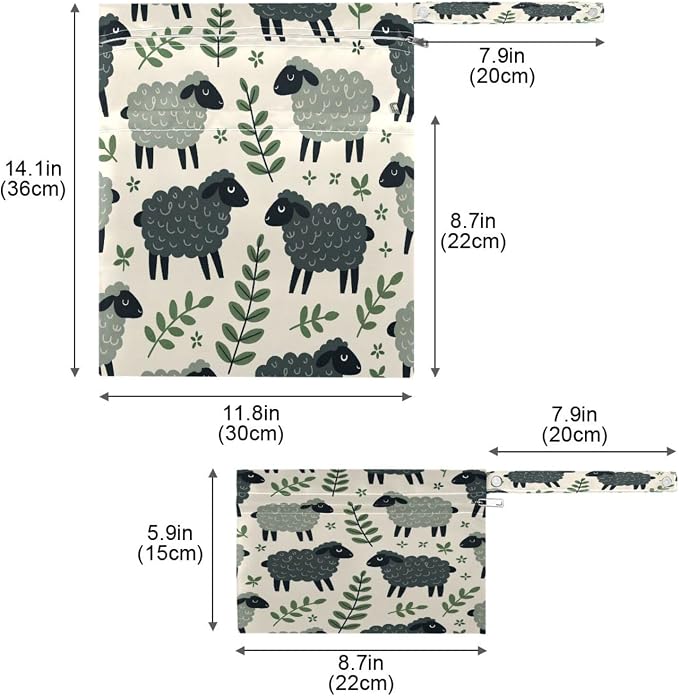 Kigai Darkgray Sheeps Wet Dry Bags, Reusable Waterproof Wet Bags, 2Pcs Travel Beach Pool Bag with Zippered Pockets for Swimsuit, Cloth Diaper, Toiletries & Makeup