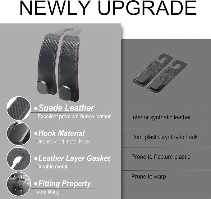 Car Seat Hooks for Headrest,Purse Hook & Back Storage Hook, Zinc Alloy & Suede Material Heavy Duty Car Hooks for Purses and Bags,Universal Fit for Most Vehicles (Carbon)