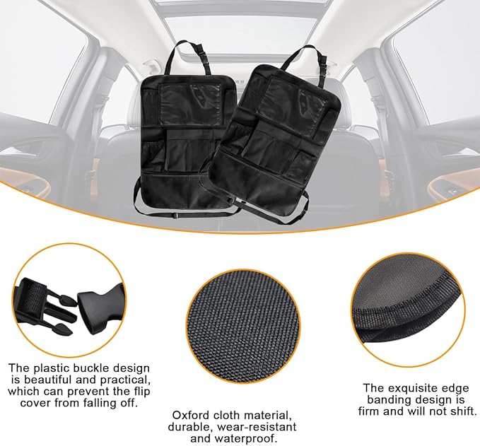 2PCS Car Seat Back Organizer, Waterproof Vehicle Storage Bag with Touch Screen Tablet Holder & 9 Pockets, Auto Kick Mats Back Seat Protector for Kids, Universal Travel Accessories (Black/Small)