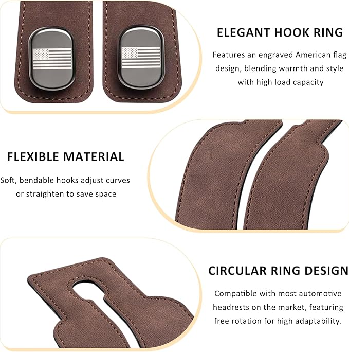 Sun Walker 2 PCS Car Seat Headrest Hooks, Auto Back Seat Purse Hook Bag Organizer with American Flag, Vehicle Double Metal Hooks Storage Hanging Holder for Handbags Coats Phones (Brown)
