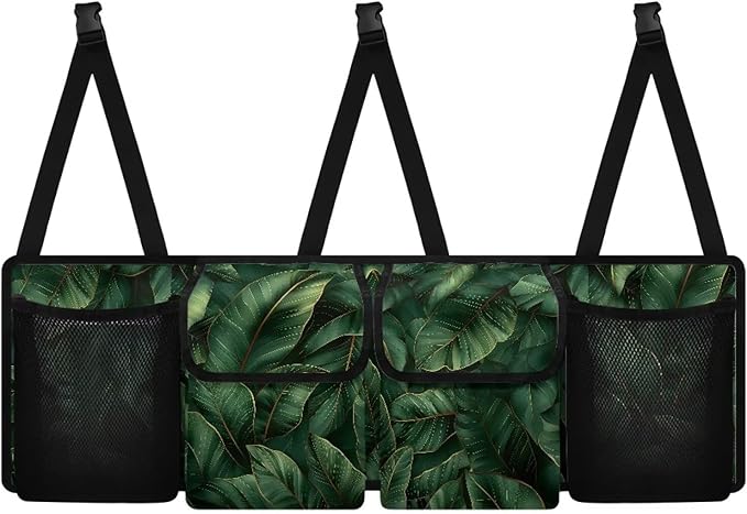 Palm Leaves Design Back Seat Trunk Organizer,Car Trunk Storage Organizer with Lid Keep your Trunk Clean and Tidy 4 Large Pockets Not Easy to Fade Machine Washable