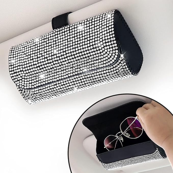 Osilly Bling Car Sunglass Holder for Sun Visor, Sparkling Crystal Leather Automotive Eyeglasses Mount Clip Organizer with Hidden Magnetic Closure for Men Women, Universal for SUV Truck Van（White）