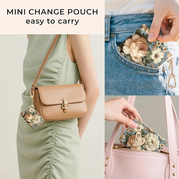 Vintage White Peony Floral Flowers Keychain Coin Purse for Women, Small PU Leather Change Pouch, Zipper Little Tiny Travel Wallet for Girls, Cute Kawaii Zip Pocket Coin Holder with Key Ring
