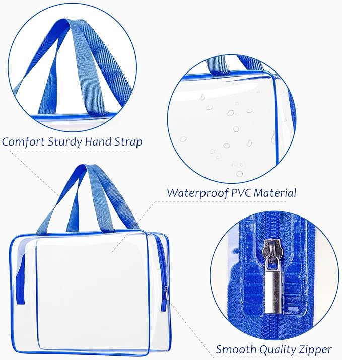 6pcs Clear Cosmetic Bags, TSA Approved Travel Toiletry Bag Set Transparent PVC Zipper Closure Cosmetic Bag Travel Essentials Makeup Bags Organization Blue