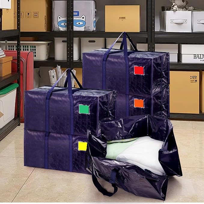 12 Pack Moving Bags with Full-Open Side Zipper, Extra Large 93L Heavy Duty Waterproof Foldable Storage Totes for College Dorm, Moving & Home OrganizationDarkBlue