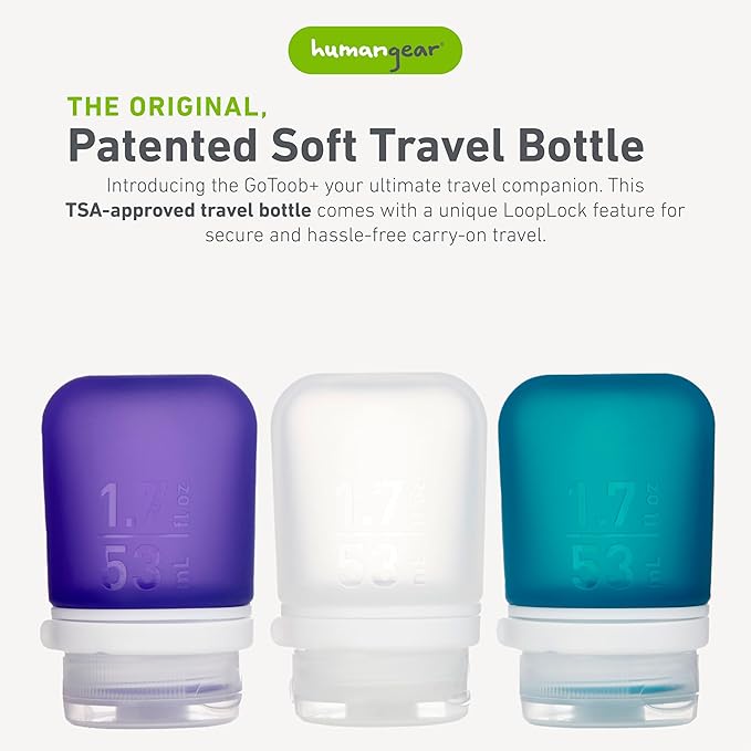 humangear GoToob+ Bottles - Silicone Leak-Proof Travel Tubes for Toiletries, Camping & TSA Carry-On (3-Pack), Small (1.7 fl oz; 53ml), Clear/Purple/Teal