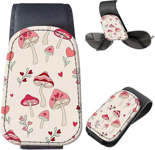 Sunglasses Holder for Car Visor, PU Leather Glasses Clip Organizer, Cute Magnetic Eyeglass Holder for Vehicle Sun Visor, Car Interior Accessory for Women & Men Pink Mushroom Garden
