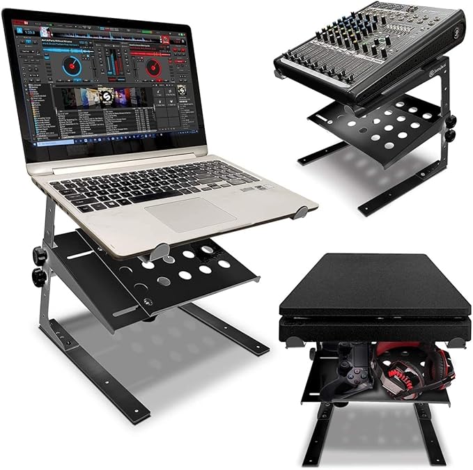 AxcessAbles Two-Tier Adjustable DJ Stand with Clamps | for DJ Controllers, Music Mixers, Laptops up to 20lbs.| DJ Controller Stand Compatible with DDJ-REV1, DDJ-FLX4 (LTS-03 Black)