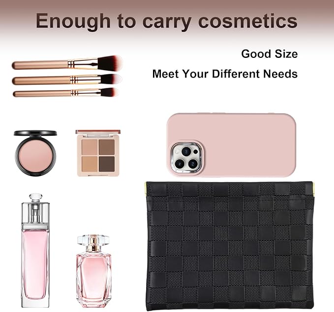 3Pcs Small Makeup Bag for Purse, Waterproof Portable Checkered Leather Makeup Pouch, Small Purse Pouches for Purse Small Coin Purse Organizer Pouches Snap Closure Pocket Cosmetic Bag for Women (Black)