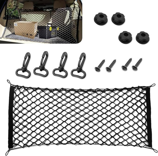 Car Rear Cargo Net, Adjustable Elastic Trunk Storage Organizer Net, 35.43" x 11.81" Double-layer Storage Net with Hooks, Universal Automotive Interior Accessories for Most Cars (Black)