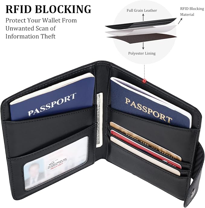 Polare Full Grain Leather Slim and Soft RFID Blocking wallet For Men Snap Bifold Travel Wallet Passport Holders 2 Passports (Carbon Black)