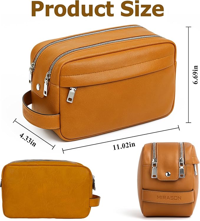 MIRASON Toiletry Bag for Men Leather Travel Toiletry Bag Dopp Kit with Metal Zippers, Water-Resistant Bathroom Bag for Travel Essentials Shaving Bag Gifts for Men, Brown