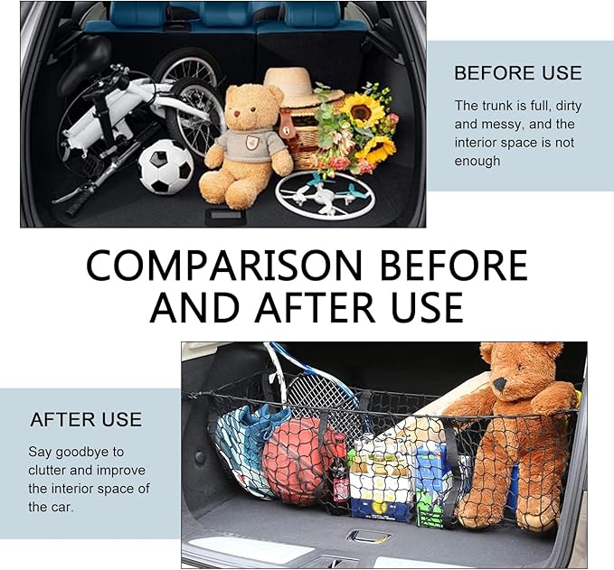 Car Cargo Net, Expandable Three-Compartment Trunk Luggage Net with High-Elastic Mesh Surface, Heavy-Duty Cargo Organizer with 4 Carabiners, Universal Car Storage Accessory (Black)