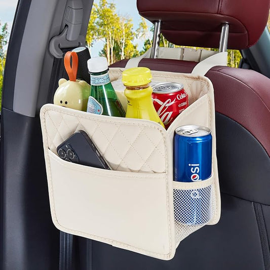 LXUNYI Back Seat Car Organizer, Large Car Seat Organizer with Cup Holders Multifunctional Over the Car Seat Organizer Backseat Hanging Leather Car Seat Organizers and Storage Bags(Beige 1Pack)