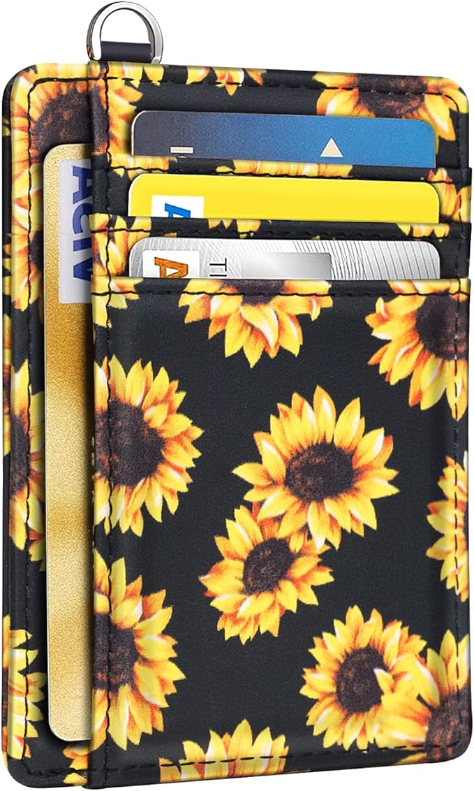 Coco Rossi Slim Front Pocket Wallet RFID Blocking Minimalist Credit Card Holder Wallet with D-Shackle for Women,Sunflower